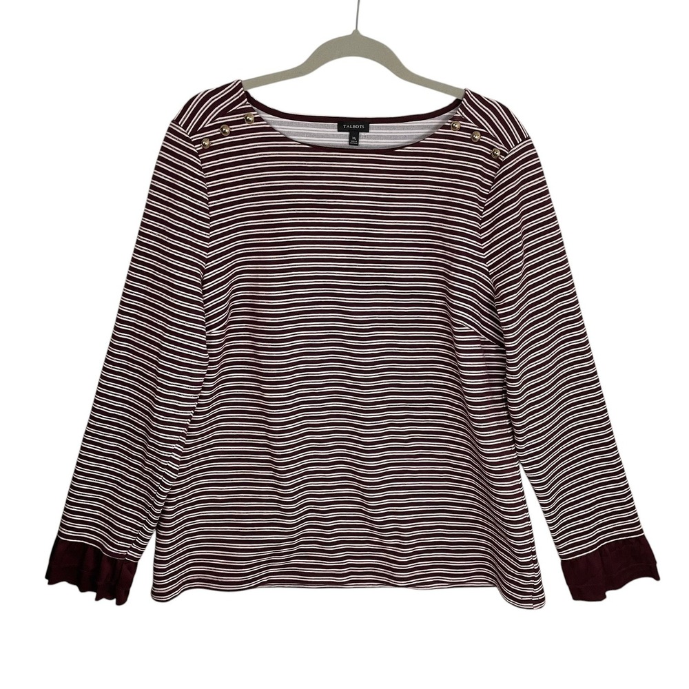 Talbots XL Burgundy Stripe Boatneck Top‎ Gold Button Shoulder Classic Preppy